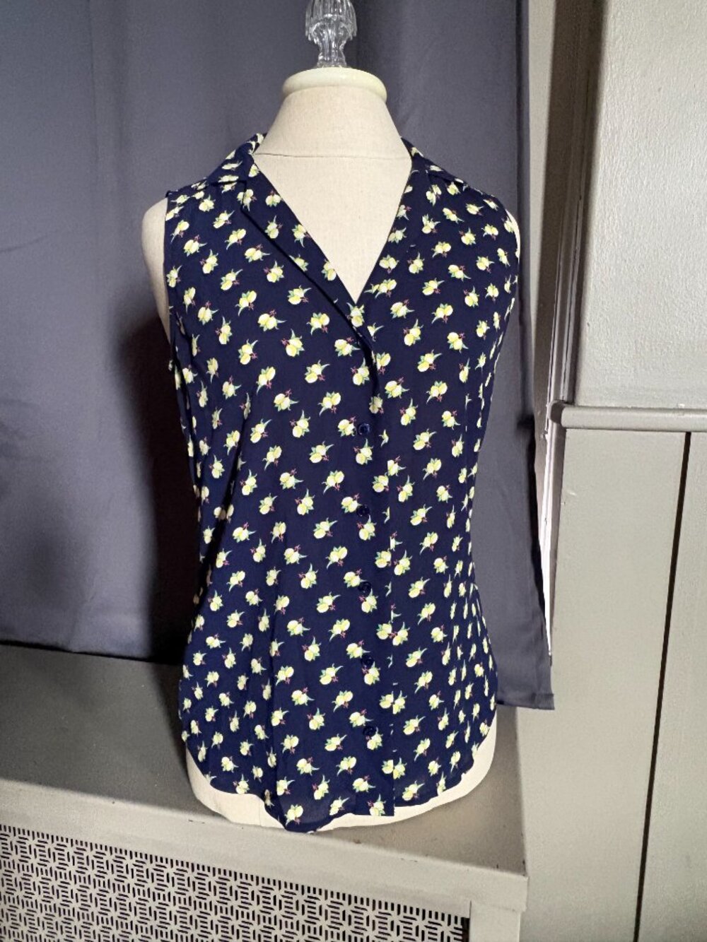 Express Blue Sleeveless Button-Front Blouse with Yellow Lemon Print Size XS